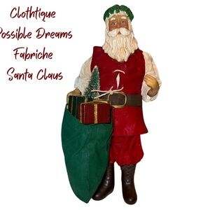 Clothtique Possible Dreams Fabriche Santa Claus w/ Toy Bag Papier Mache 10"